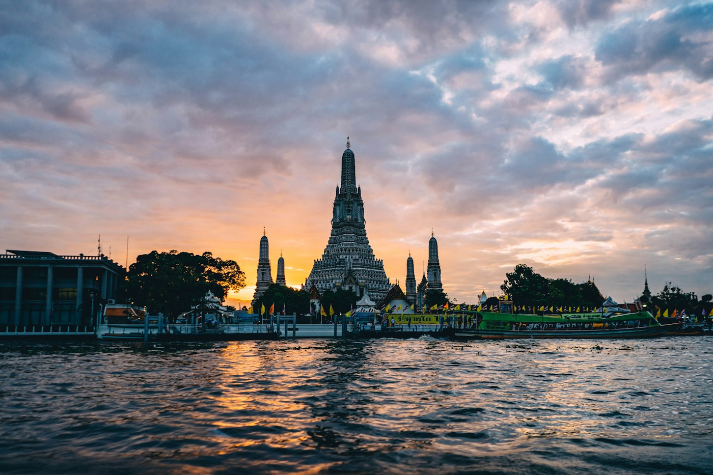 Bangkok riverside and historic temple architecture