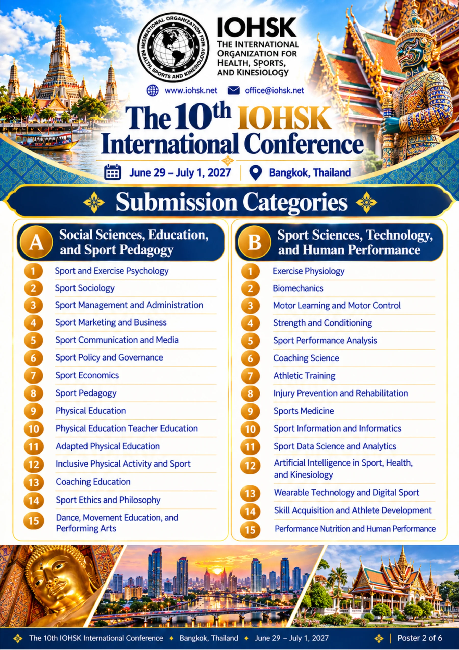 Official poster listing Social Sciences, Education, Sport Pedagogy, Sport Sciences, Technology, and Human Performance topics