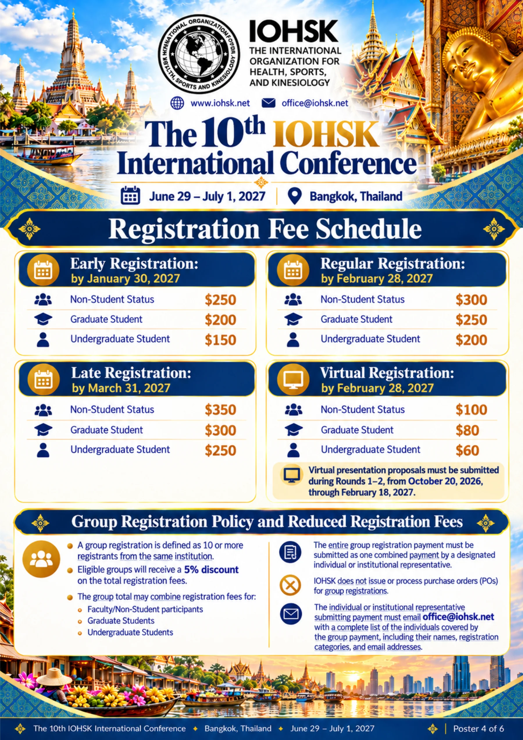Official registration fee schedule with early, regular, late, and virtual rates